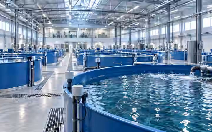 Illustration of an indoor recirculating aquaculture system with circular tanks and monitoring equipment