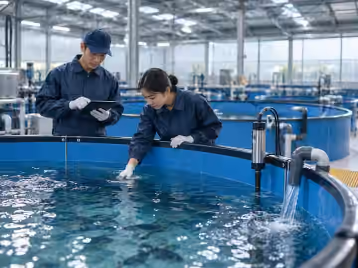 Illustration of a technician operating an indoor industrial aquaculture system with circular tanks and sensors